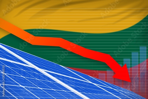 Lithuania solar energy power lowering chart  arrow down - green natural energy industrial illustration. 3D Illustration
