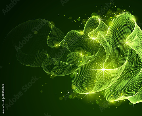Flowing magic particles wave over dark, transparent tulle textile on wind, dynamic motion curve lines. 3d vector illustration. Beautiful calming wave shaped array of blended points.