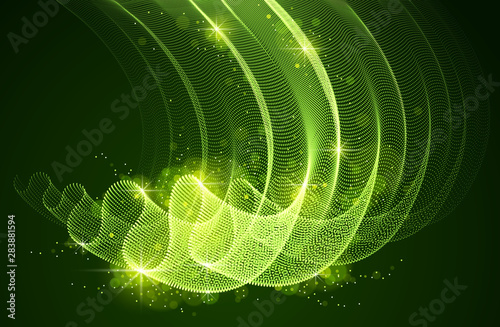 Array of magic particles flowing over dark, dynamic wave transparent tulle textile on wind. 3d vector illustration. Mesh round dots, beautiful relaxing wallpaper illustration.