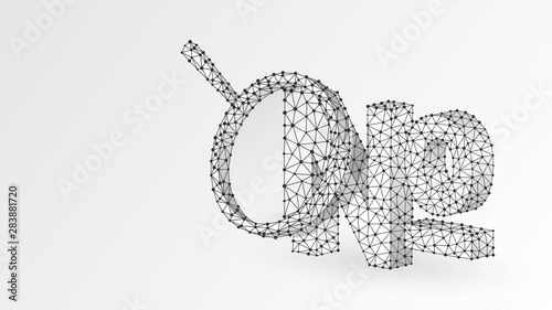 Magnifying glass Analysis of Numero sign, typographic abbreviation of the word number. No, nos symbol concept. Abstract, wireframe, low poly mesh, vector white origami 3d illustration. Line, dot