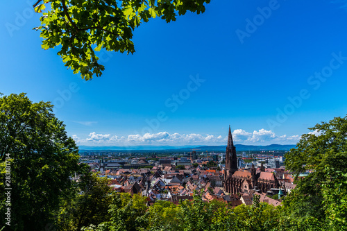 Germany, Above roofs and ancient gothic minster building of popular student city freiburg im breisgau in summer under a green tree withour scaffolding in 2019