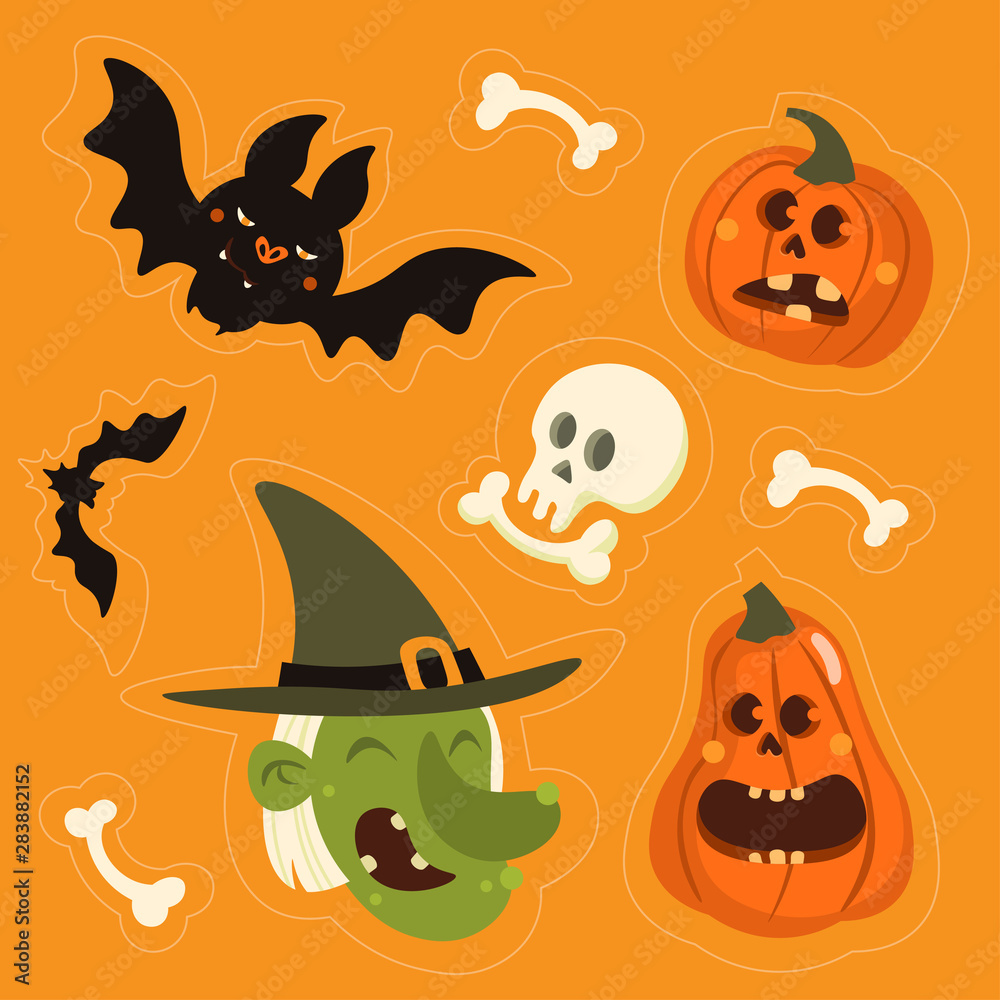Cute vector set with Halloween illustrations. Smiling and funny cartoon characters: pumpkin, bat, skeleton, witch. Stickers, icons, design elements