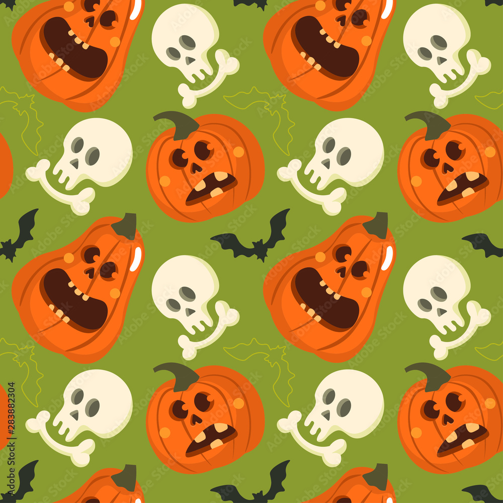 Obraz premium Halloween holiday seamless pattern background with cute elements - pumpkin, bat and skull. Vector illustration RGB