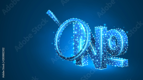 Magnifying glass Analysis of Numero sign, typographic abbreviation of the word number. No, nos symbol concept. Abstract, digital, wireframe, low poly mesh, Raster blue neon 3d illustration. Line dot