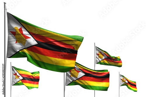 pretty anthem day flag 3d illustration. - five flags of Zimbabwe are wave isolated on white