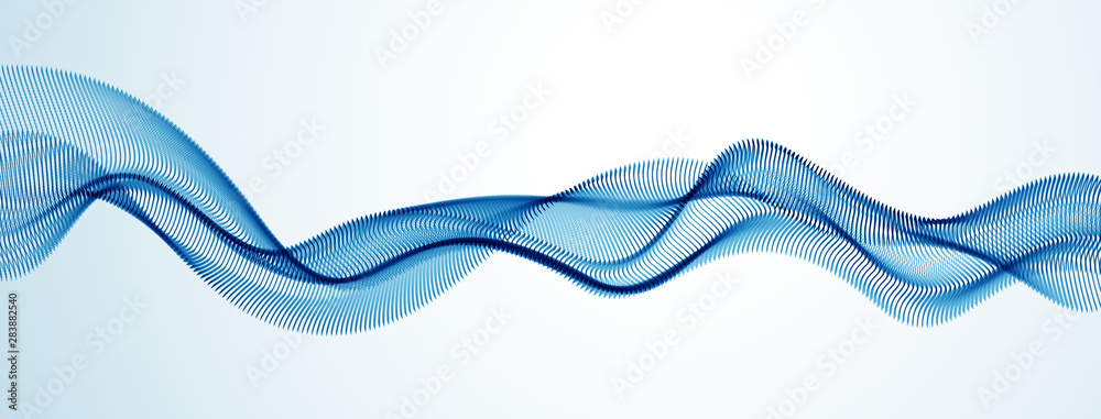 Dynamic particles sound wave flowing. Dotted curves vector abstract background. Beautiful 3d wave shaped array of blended points. - obrazy, fototapety, plakaty 