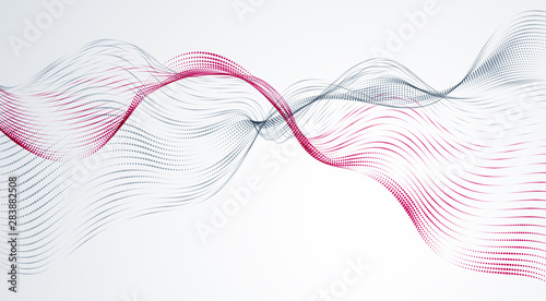 Wave line of flowing particles abstract vector background, smooth curvy shape dots fluid array. 3d shape dots blended mesh, future technology relaxing wallpaper.