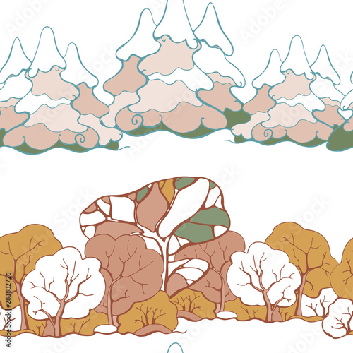 Vector seamless pattern with fir trees and deciduous trees. Natural background.