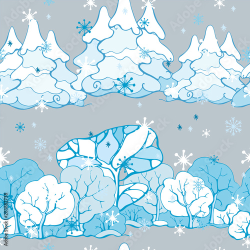 Vector seamless pattern of Christmas trees and deciduous trees in winter snow. Christmas background.