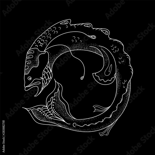 The fish icon curled up in a circle. White outline. Ouroboros pike with mustache