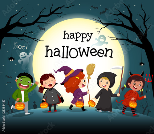 Halloween night background with group of kids in costume party.