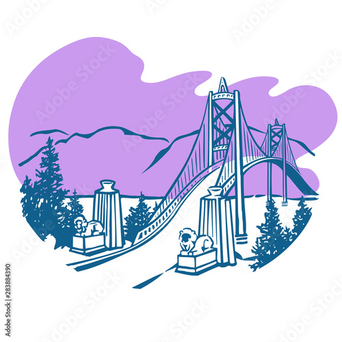 Lions Gate bridge with two lying lion statues & the towers leading over to a mountain range