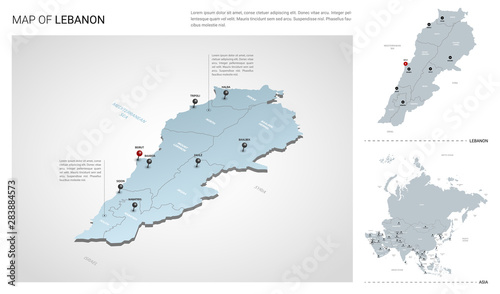 Vector set of Lebanon country. Isometric 3d map, Lebanon map, Asia map - with region, state names and city names.
