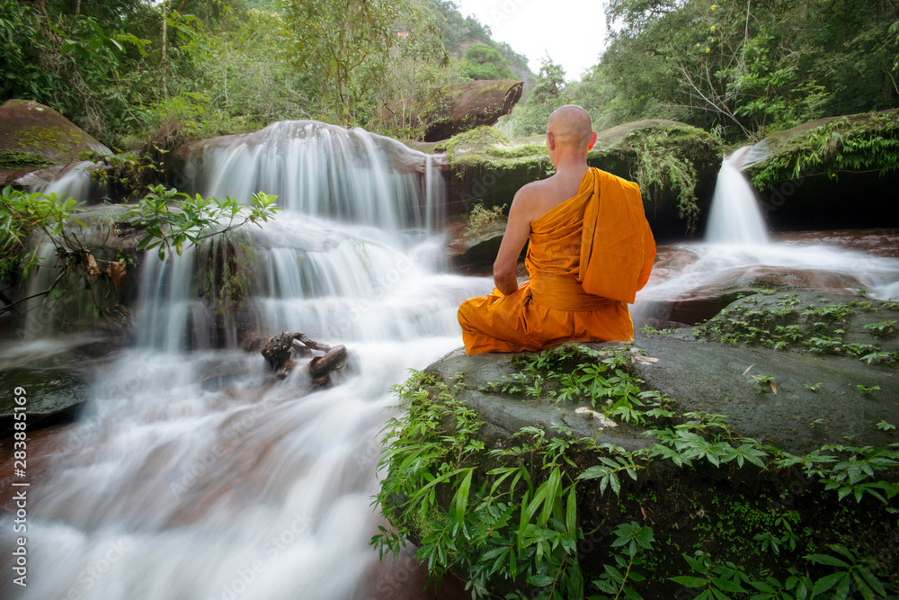 Fototapeta Mnich Buddy ćwiczyć medytację w pięknym wodospadzie
