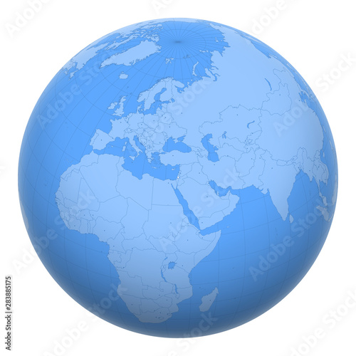 Palestine on the globe. Earth centered at the location of the State of Palestine. Map of Palestine. Includes layer with capital cities.