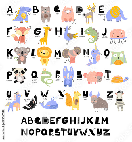 Fototapeta Naklejka Na Ścianę i Meble -  Funny Alphabet for young children with names and pictures of animals assigned to each letter. Learning English for kids concept with a font in black capital letters in vector