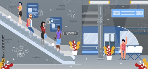 Subway Underground Station Escalator Flat Vector