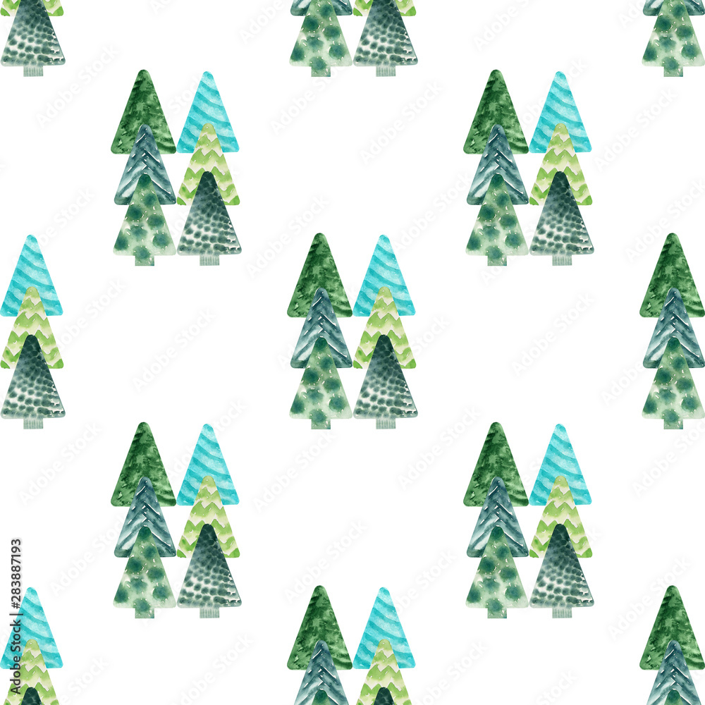 Watercolor background with stylized Christmas trees