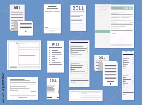 Vector realistic receipts, bills, commercial checks. Paying bills. Payment of utility, bank, restaurant and other bills. Flat design modern vector illustration concept.
