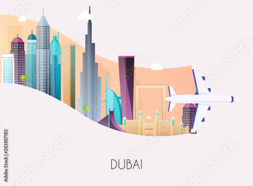 Travel to Dubai. Traveling on airplane, planning a summer vacation, tourism and journey objects and passenger luggage. Flat design modern vector illustration concept.