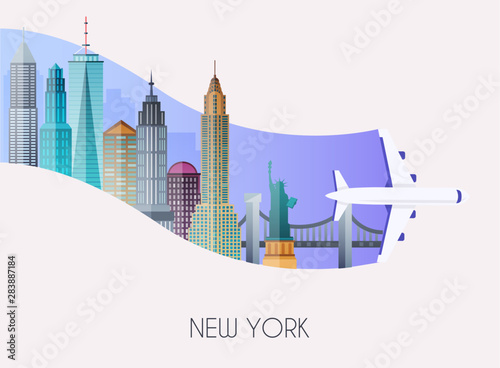 Travel to New York. Traveling on airplane, planning a summer vacation, tourism and journey objects and passenger luggage. Flat design modern vector illustration concept.