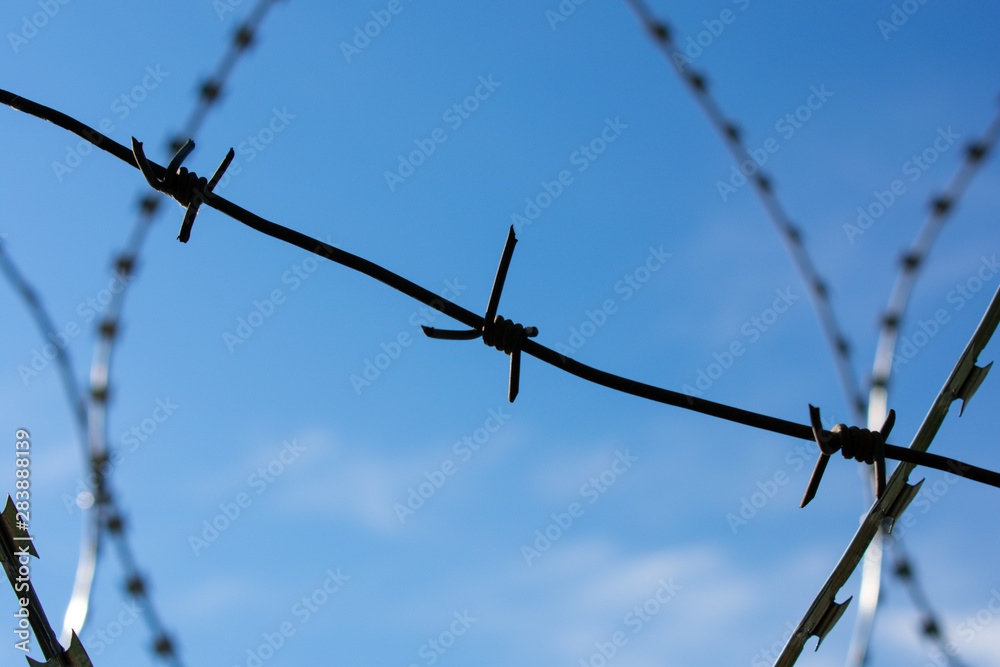 Barbed, rough, wavy wire against a bright blue sky with clouds. Restricted area. Protective wire. Egoza. Barbed, rough, wavy wire against a bright blue sky with clouds. Restricted area. Protective wire. Egoza.