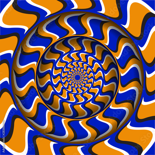 Abstract round frame with a moving blue orange hooks shapes pattern. Optical illusion hypnotic background.
