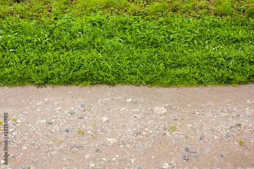 horizontal strip of green grass and dirt road, blurred focus