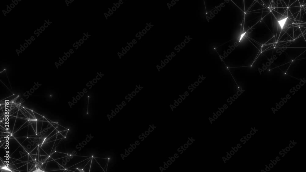 Plexuses move in the corners of the screen on a black background. Black white plexus with dots, lines, triangles.