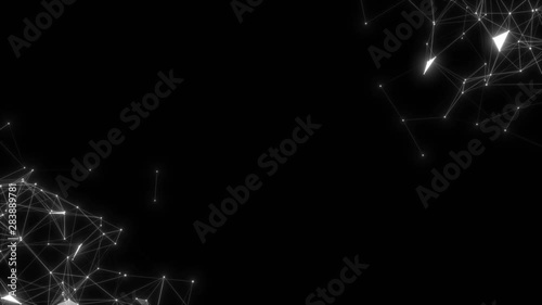 Plexuses move in the corners of the screen on a black background. Black white plexus with dots, lines, triangles.