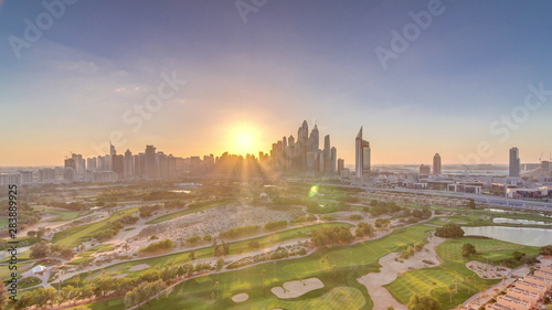 Photography Dubai Marina skyscrapers and golf course sunset timelapse, Dubai, United Arab Em