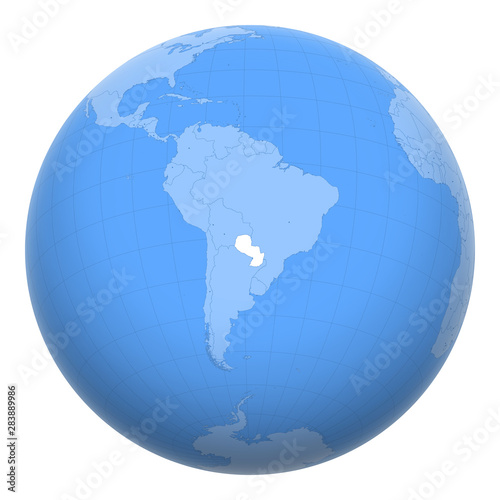 Paraguay on the globe. Earth centered at the location of the Republic of Paraguay. Map of Paraguay. Includes layer with capital cities.