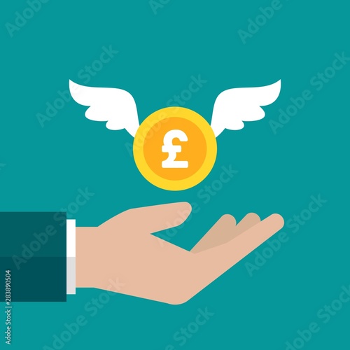 Hand with gold pound sterling coin with wings. Vector flat illustration on blue. Give, receive, take, earn money.