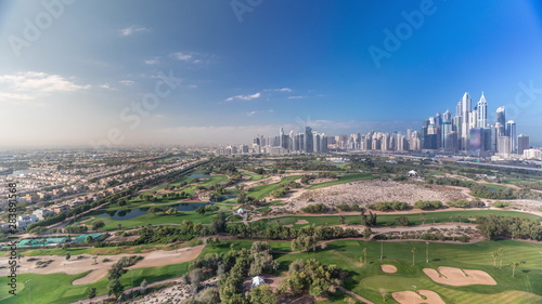 Photography Dubai Marina skyscrapers and golf course morning timelapse, Dubai, United Arab E