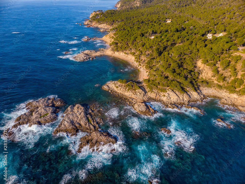 Drone picture over the Costa Brava coastal near the small town Palamos of Spain