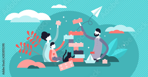 Family play vector illustration. Tiny togetherness activity persons concept