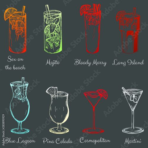 Popular cocktail drinks vector set, hand drawn sketch set.