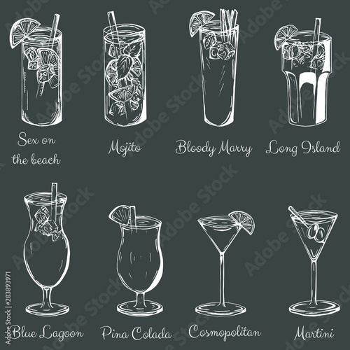 Popular cocktail drinks vector set, hand drawn sketch set.