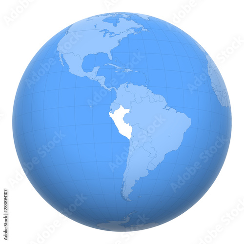 Peru on the globe. Earth centered at the location of the Republic of Peru. Map of Peru. Includes layer with capital cities.