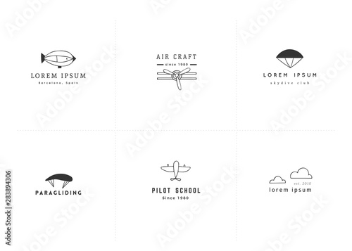 Set of hand drawn minimal vector logo templates. Sky sports and flight.