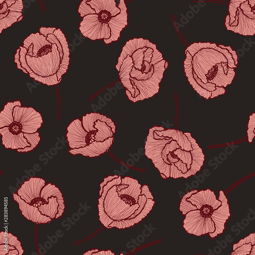Red Poppy flower seamless pattern. Hand-drawn Poppies vector illustration © t_dalton