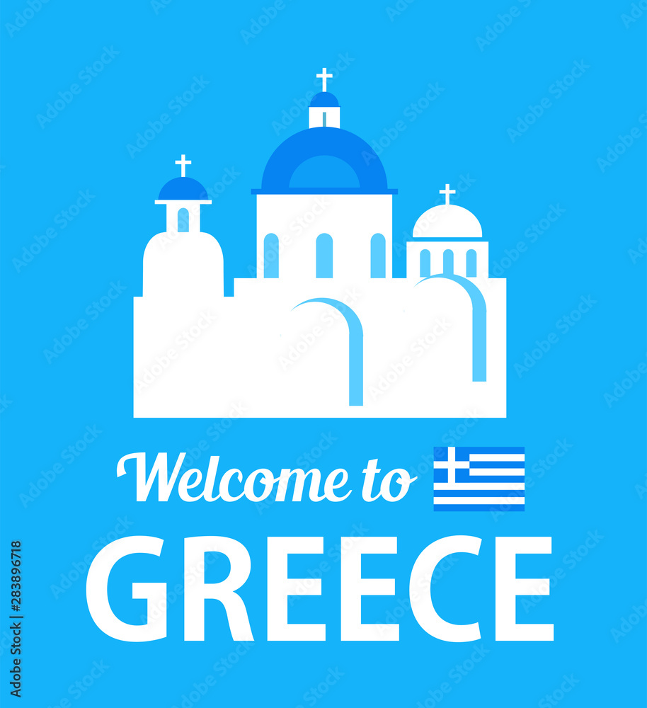Badge with white Greek Church with blue domes - Flat vector illustration for postcard or invitation on blue background.