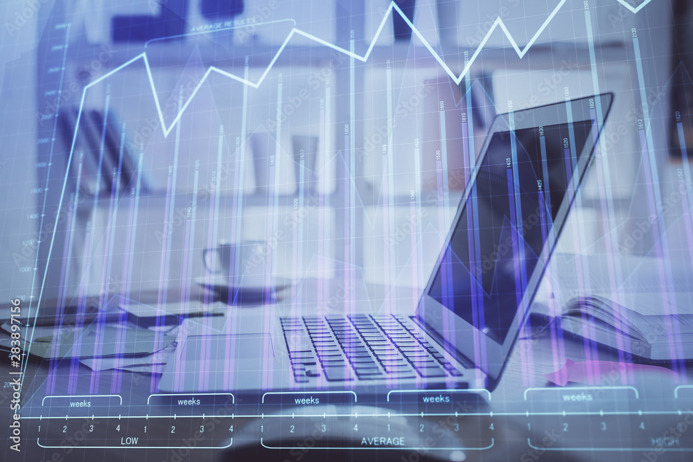 Stock market graph on background with desk and personal computer. Multi exposure. Concept of financial analysis. Stock market graph on background with desk and personal computer. Multi exposure. Concept of financial analysis.
