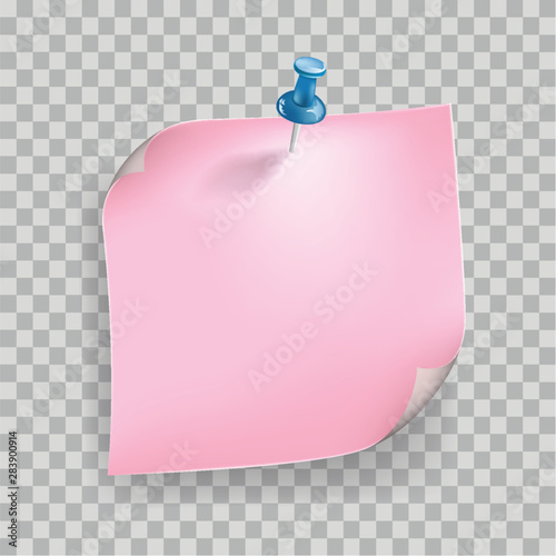 Pink pastel color stick note of paper and pin isolated on transparent