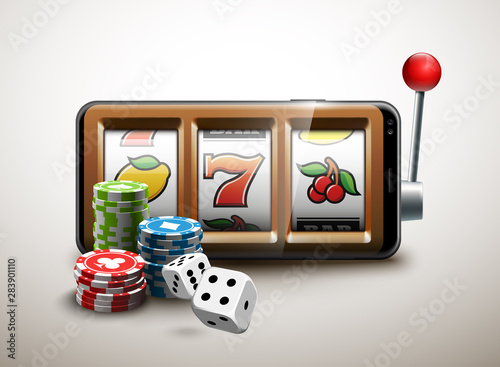 big win illustration Online Jackpot casino Slot machine banner in mobile phone. Chips, playing card, dice. Marketing Luxury Banner Jackpot Online Casino game Slot-machine in Smartphone play now poster