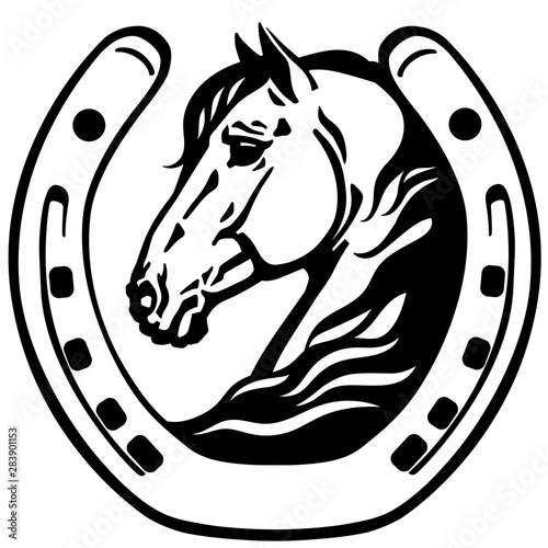 horse head in the horseshoe. Logo. icon, emblem. Black and white vector