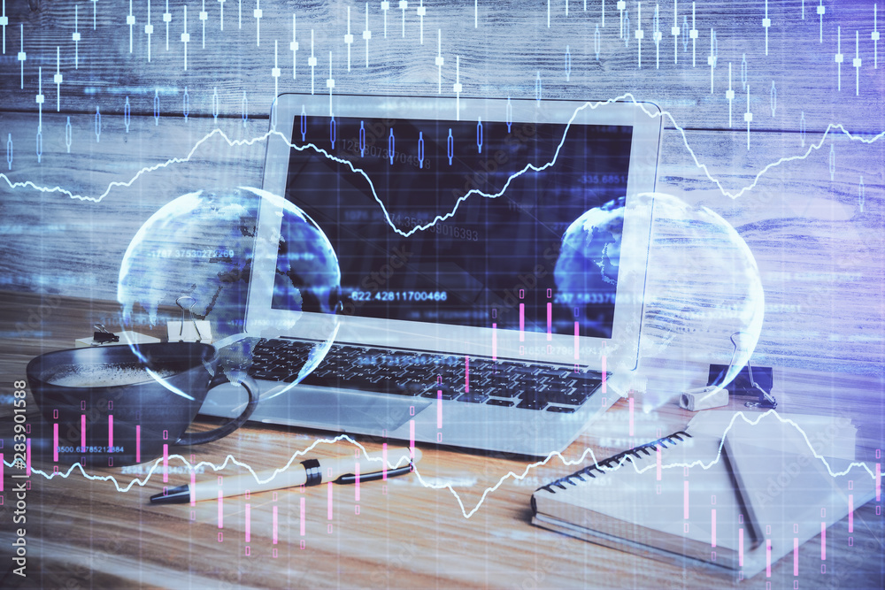 Multi exposure of forex graph and work space with computer. Concept of international online trading. Multi exposure of forex graph and work space with computer. Concept of international online trading.