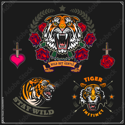 Emblems with angry tigers. Hearts, roses and wild tigers. Tattoo, beauty salon and sport club logos. Print design for t-shirt.