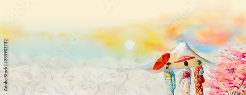Obraz Podróżuj po japońskich zabytkach w Azji. Ilustracja malarstwa akwarelowego Góra Fuji, piękna Japonka w kimonie z kwiatami na tle chmur, popularna atrakcja turystyczna miasta biznesu.