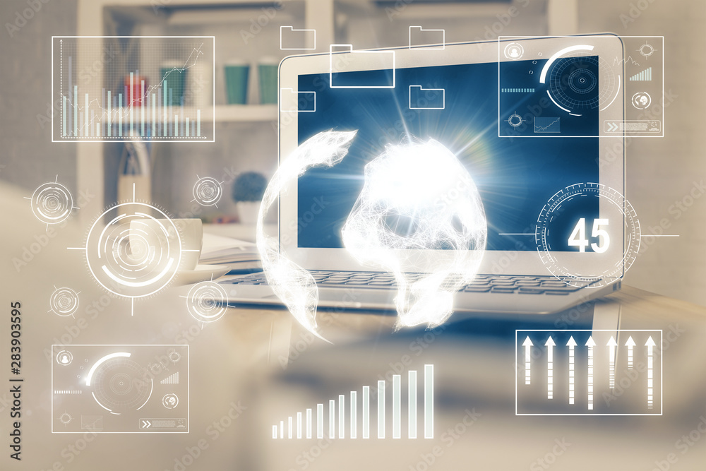Financial market graph hologram and personal computer on background. Double exposure. Concept of forex. Financial market graph hologram and personal computer on background. Double exposure. Concept of forex.